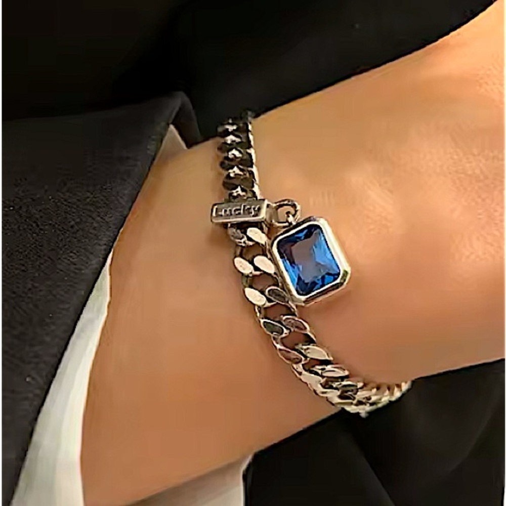 Sterling Silver Blue Sapphire Charm Bracelet Chain Link
